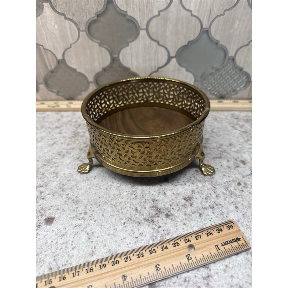 Vintage Brass/Gold Wood Filigree  Trinket Jewery Dish Bowl Footed  5" Round